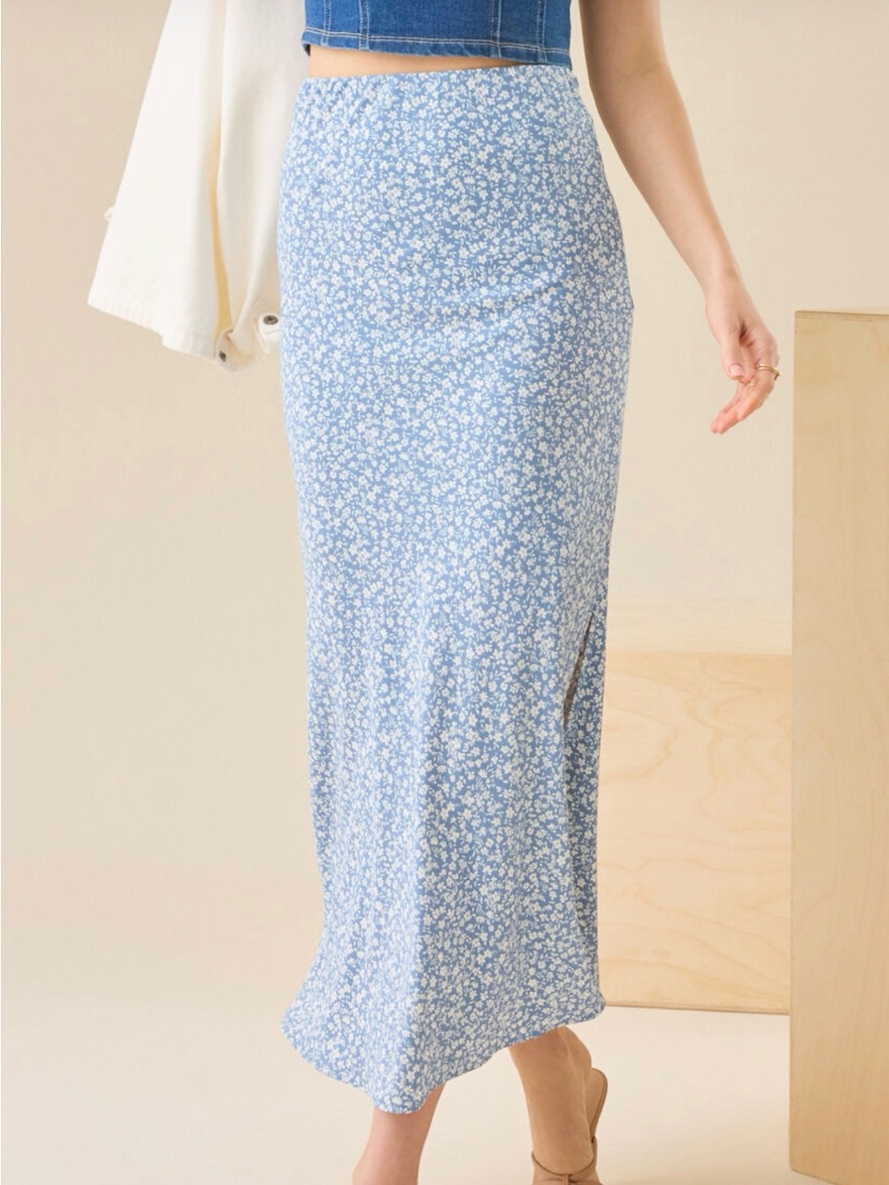 Altar’d State Amora Blue Floral Midi Skirt - Women's Elegant Slip Skirt L